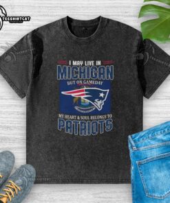 Alt Text: Premium washed t-shirt featuring New England Patriots flag, perfect for fans living in Michigan on game day.