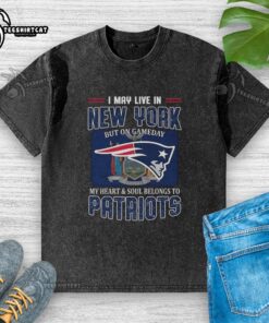 Alt Text: Premium washed t-shirt featuring My heart and soul belongs to New England Patriots flag design, perfect for game day.