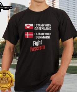 Alt Text: Premium I Stand With Greenland, I Stand With Denmark, Fight Fascism T-shirt showcasing a bold, activist design.