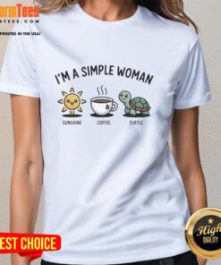 Alt Text: Premium I'm a Simple Woman tee featuring a sunny design with coffee and turtle graphics for ladies.