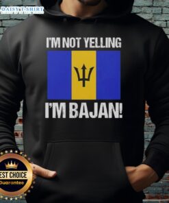 Premium 'I'm Not Yelling, I'm Bajan' flag hoodie featuring vibrant Barbados colors and a stylish design.