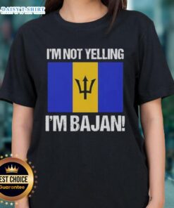 Premium 'I'm Not Yelling, I'm Bajan' Flag Ladies Tee showcasing vibrant Barbados flag design for proud Bajans.