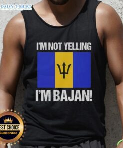 Premium 'I'm Not Yelling, I'm Bajan' flag tank top featuring vibrant Barbados colors and design for summer wear.