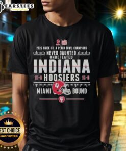 Premium Indiana Hoosiers 2026 Chick-Fil-A Peach Bowl Champions T-Shirt, Undefeated 15-0, Never Daunted design.