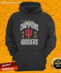 Alt Text: Premium Indiana Hoosiers College Football Playoff National Champions 2025 logo on a stylish palm tree hoodie.
