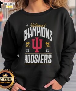 Premium Indiana Hoosiers College Football Playoff National Champions 2025 logo on a stylish palm tree sweatshirt.