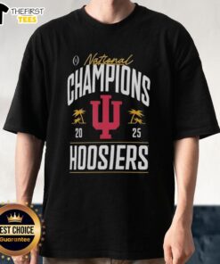 Premium Indiana Hoosiers College Football Playoff National Champions 2025 logo on a stylish palm tree T-shirt.
