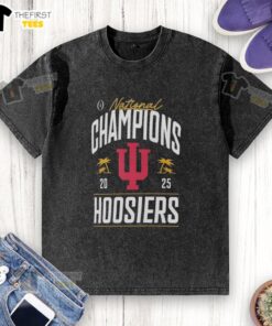 Alt Text: Premium Indiana Hoosiers College Football Playoff National Champions 2025 logo on a washed palm tree t-shirt.