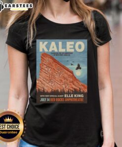 Premium Kaleo Red Rocks 2026 poster on a stylish ladies tee, showcasing vibrant design and concert memorabilia.