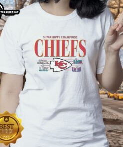 Alt Text: Vintage ladies tee featuring the Kansas City Chiefs NFL Super Bowl Champions logo and team championships design.