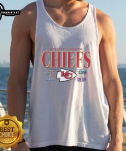 Alt Text: Premium Kansas City Chiefs NFL Super Bowl Champions vintage logo tank top featuring team colors and design.