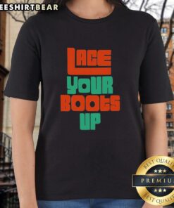 Premium Lace Your Boots Up Miami Hurricanes Ladies Tee in vibrant colors, perfect for game day and showing team spirit.