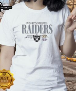 Premium Las Vegas Raiders Super Bowl Champions XI XV XVIII ladies tee showcasing team pride and championship history.