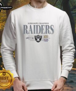 Premium Las Vegas Raiders Super Bowl Champions XI XV XVIII sweatshirt featuring team logo and championship graphics.