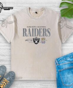 Premium Las Vegas Raiders Super Bowl Champions XI XV XVIII washed t-shirt showcasing team pride and vintage style.