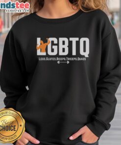 Premium LGBTQ sweatshirt featuring bold graphics for legs, glutes, biceps, triceps, and quads in vibrant colors.