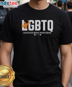 Premium LGBTQ T-shirt featuring vibrant design celebrating legs, glutes, biceps, triceps, and quads for fitness enthusiasts.