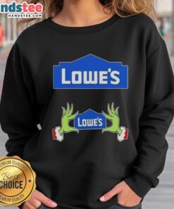 Alt Text: Premium Lowe's X Grinch Hands Merry Christmas sweatshirt featuring festive design and cozy fit for holiday cheer.