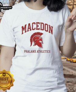 Premium Macedon Phalanx Athletics Spartan Helmet Logo on a stylish ladies tee, perfect for sports enthusiasts.