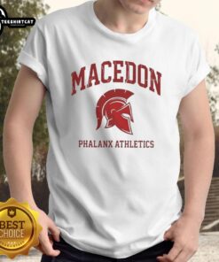 Alt Text: Premium Macedon Phalanx Athletics Spartan Helmet Logo T-Shirt featuring a bold, athletic design for sports enthusiasts.
