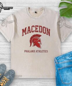 Premium Macedon Phalanx Athletics Spartan Helmet Logo on a washed t-shirt, ideal for sports enthusiasts.