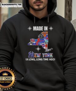 Alt Text: Premium Made in New York hoodie featuring a vintage mashup logo of classic teams, perfect for sports enthusiasts.