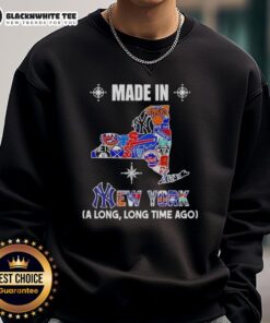 Premium Made in New York sweatshirt featuring a vintage mashup logo of classic sports teams, perfect for fans.
