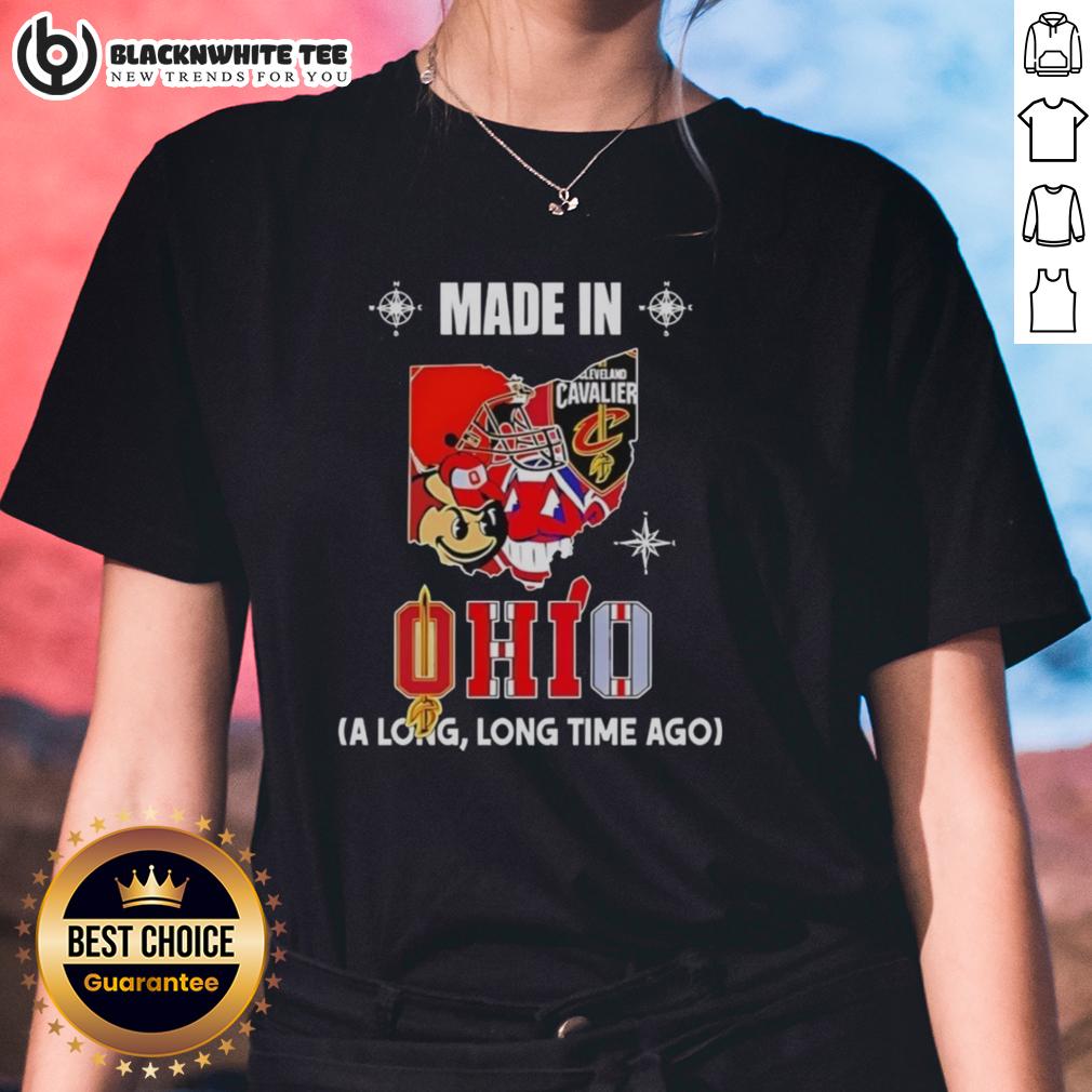 Premium Made In Ohio State Buckeyes And Cleveland Cavaliers A Long Long Time Ago State Mashup Logo Ladies-Tee Alt Text: Premium Ohio State Buckeyes and Cleveland Cavaliers mashup logo on a ladies tee, perfect for sports fans.