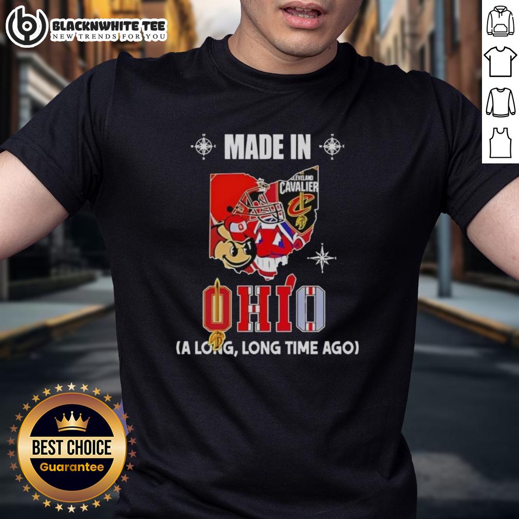 Premium Made In Ohio State Buckeyes And Cleveland Cavaliers A Long Long Time Ago State Mashup Logo T-Shirt Premium Ohio State Buckeyes and Cleveland Cavaliers mashup logo t-shirt showcasing team spirit and nostalgia.