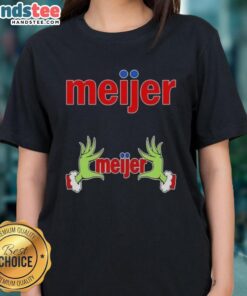 Premium Meijer X Grinch Hands Merry Christmas Ladies Tee featuring festive design for holiday cheer.