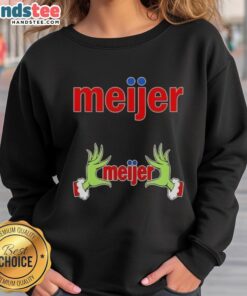 Alt Text: Premium Meijer X Grinch Hands Merry Christmas Sweatshirt featuring festive design and playful graphics for the holidays.