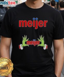 Premium Meijer X Grinch Hands Merry Christmas T-Shirt featuring festive Grinch graphic for holiday cheer.