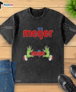 Premium Meijer X Grinch Hands Merry Christmas washed t-shirt featuring festive design and vibrant colors.