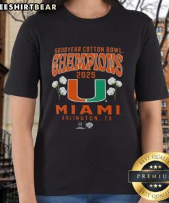 Premium Miami Hurricanes 2025 CFP Goodyear Cotton Bowl Champions ladies tee showcasing hometown pride and team spirit.