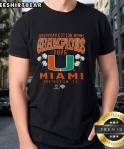 Premium Miami Hurricanes 2025 CFP Goodyear Cotton Bowl Champions T-shirt showcasing hometown pride and team spirit.