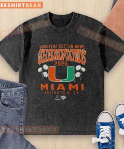 Alt Text: Premium Miami Hurricanes 2025 CFP Goodyear Cotton Bowl Champions T-shirt showcasing hometown pride and team spirit.