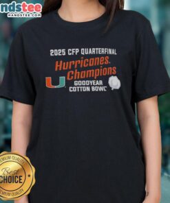 Premium Miami Hurricanes 2025 CFP Quarterfinal Cotton Bowl Champions Ladies Tee showcasing team pride and style.