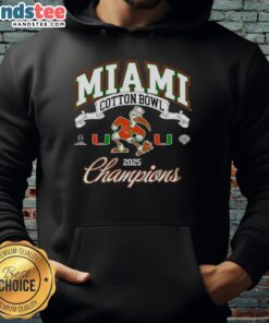 Premium Miami Hurricanes College Football Playoff Cotton Bowl Champions 2025 hoodie featuring team mascot design.