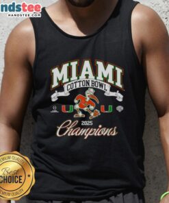 Premium Miami Hurricanes College Football Playoff Cotton Bowl Champions mascot tank top for 2025 season.