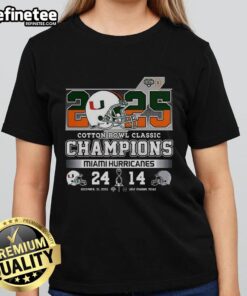 Alt Text: Premium Miami Hurricanes Cotton Bowl Classic Champions 2025 helmet ladies tee showcasing team pride and style.