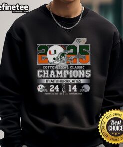 Alt Text: Premium Miami Hurricanes Cotton Bowl Classic Champions 2025 helmet sweatshirt featuring team colors and logo.