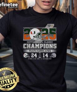 Alt Text: Premium Miami Hurricanes Cotton Bowl Classic Champions 2025 Helmet T-Shirt featuring vibrant team colors and logo.