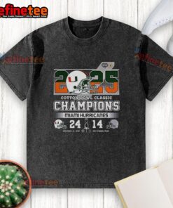 Alt Text: Premium Miami Hurricanes Cotton Bowl Classic Champions 2025 helmet washed T-shirt featuring vibrant team colors.