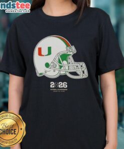 Premium Miami Hurricanes Football 2026 National Championship helmet graphic on ladies tee shirt, perfect for fans.