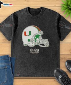 Premium Miami Hurricanes Football 2026 National Championship Helmet Washed T-Shirt featuring team logo and vibrant colors.