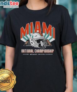 Alt Text: Premium Miami Hurricanes Team 2026 CFP National Championship Game vs Indiana Hoosiers helmet ladies tee design.