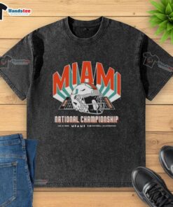 Premium Miami Hurricanes Team T-shirt featuring helmet design for 2026 CFP National Championship Game vs Indiana Hoosiers.