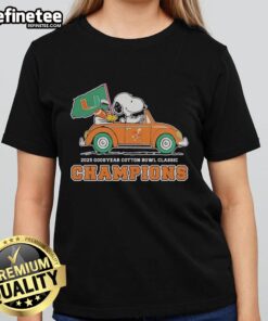 Alt Text: Premium Miami Hurricanes ladies tee featuring Snoopy and Woodstock celebrating Cotton Bowl Classic champions.