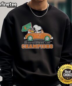 Alt Text: Premium Miami Hurricanes sweatshirt featuring Snoopy and Woodstock celebrating Cotton Bowl Classic champions.