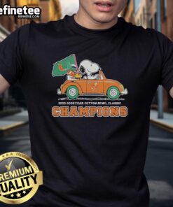 Premium Miami Hurricanes T-Shirt featuring Snoopy and Woodstock celebrating Goodyear Cotton Bowl Classic Champions.